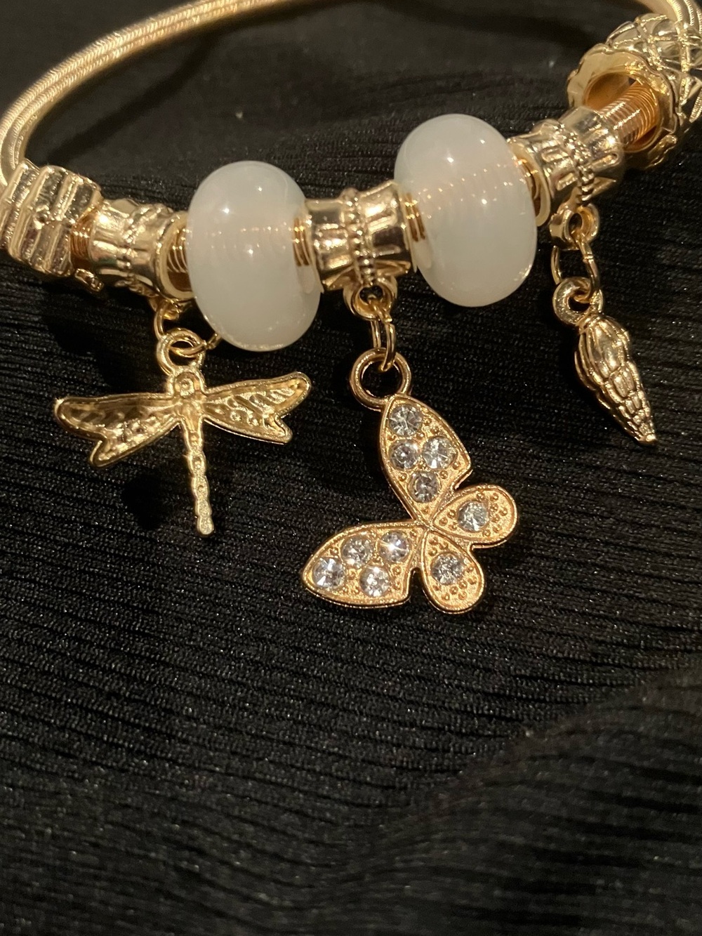 Gold Charm Bracelet with White Beads and Butterfly Dragonfly Charms